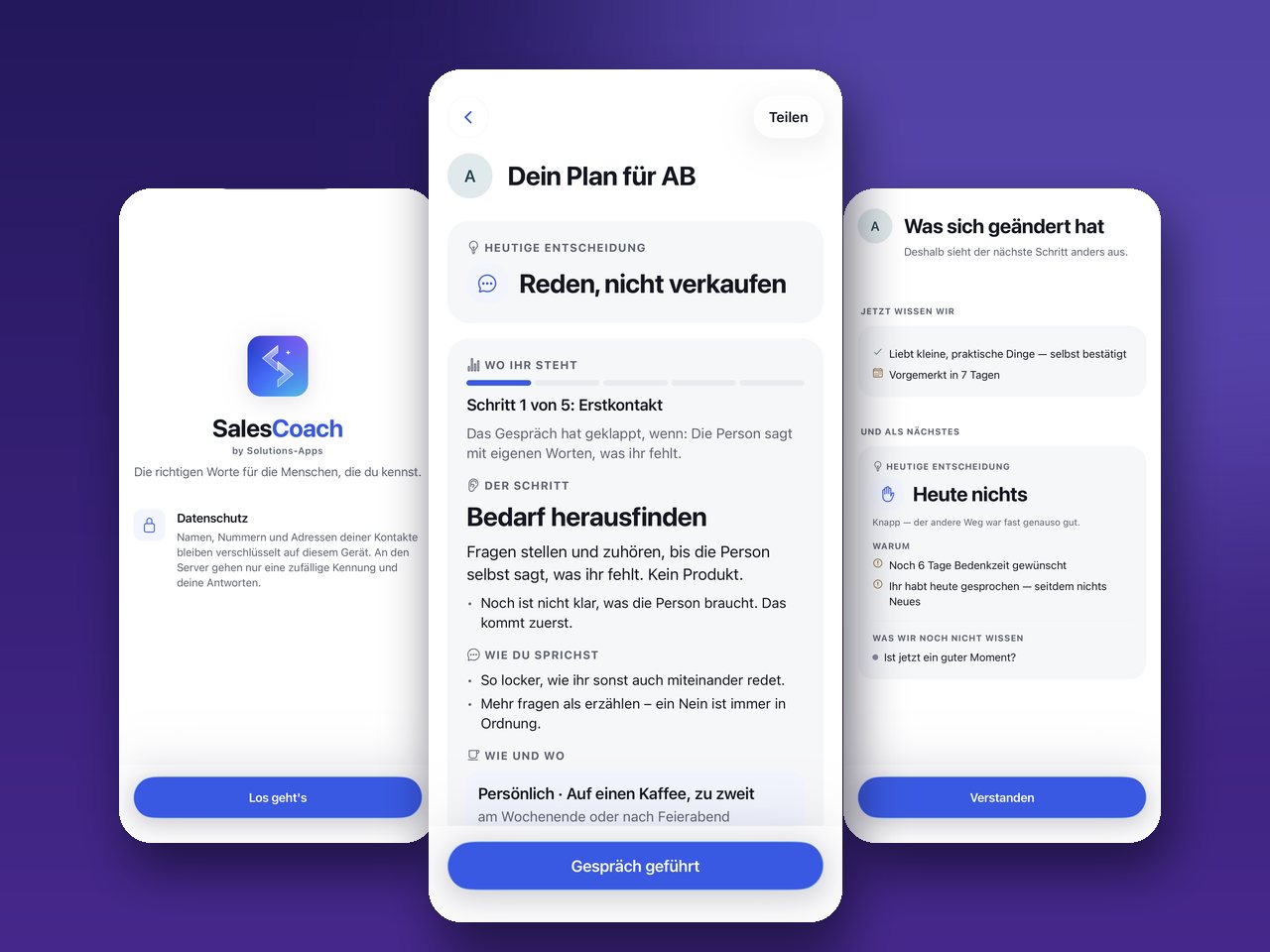 Drei Bildschirme der SalesCoach-App: Start, persönlicher Gesprächsplan und nächster Schritt